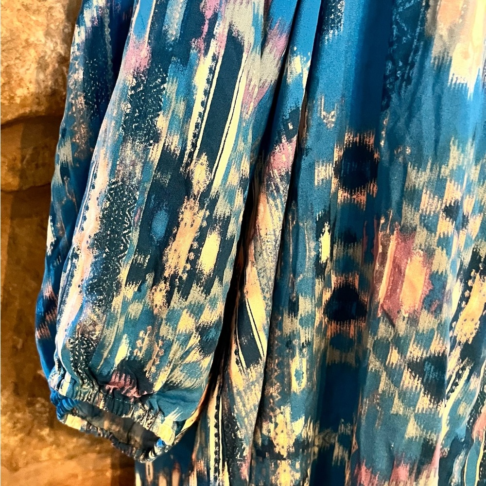 NWT Savanna Jane Turquoise Aztec Southwest Blouse 2X NEW Unique Tie In Back - Picture 3 of 16